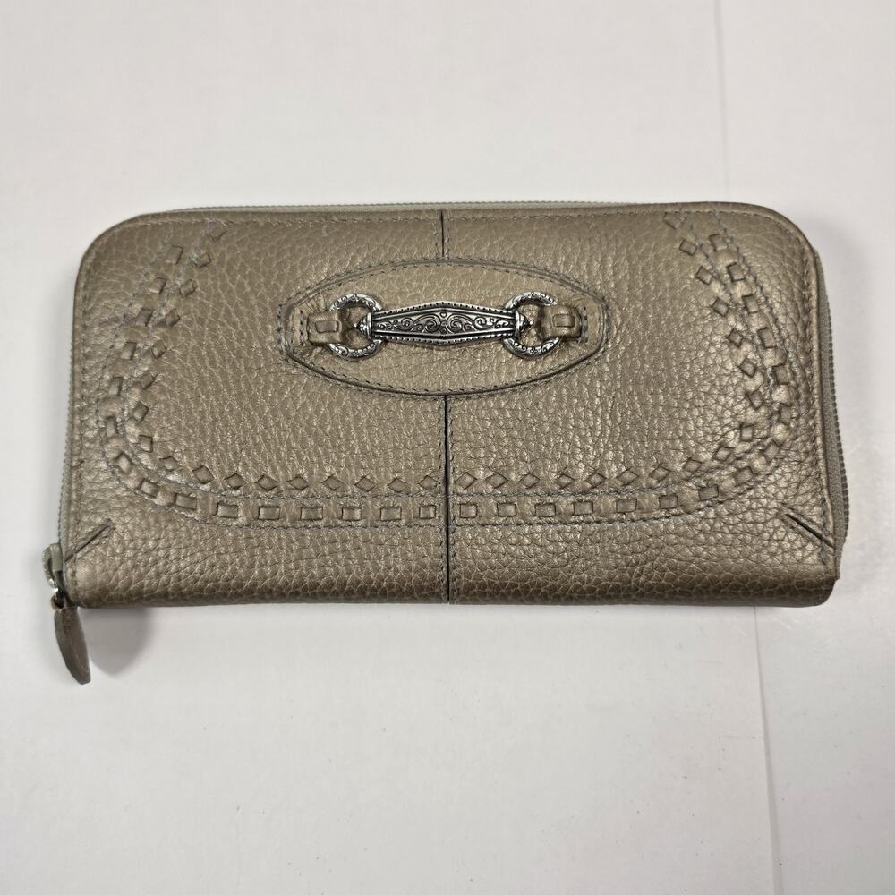 Brighton Gold Pebbled Leather Zip Around Wallet metal and Stitching accents